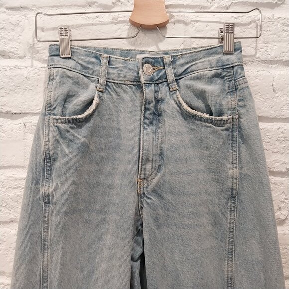 ZARA Jeans 00 Blue Faded Whiskers Wide Leg Tall High Waist 23 Cargo Teen - Picture 8 of 11